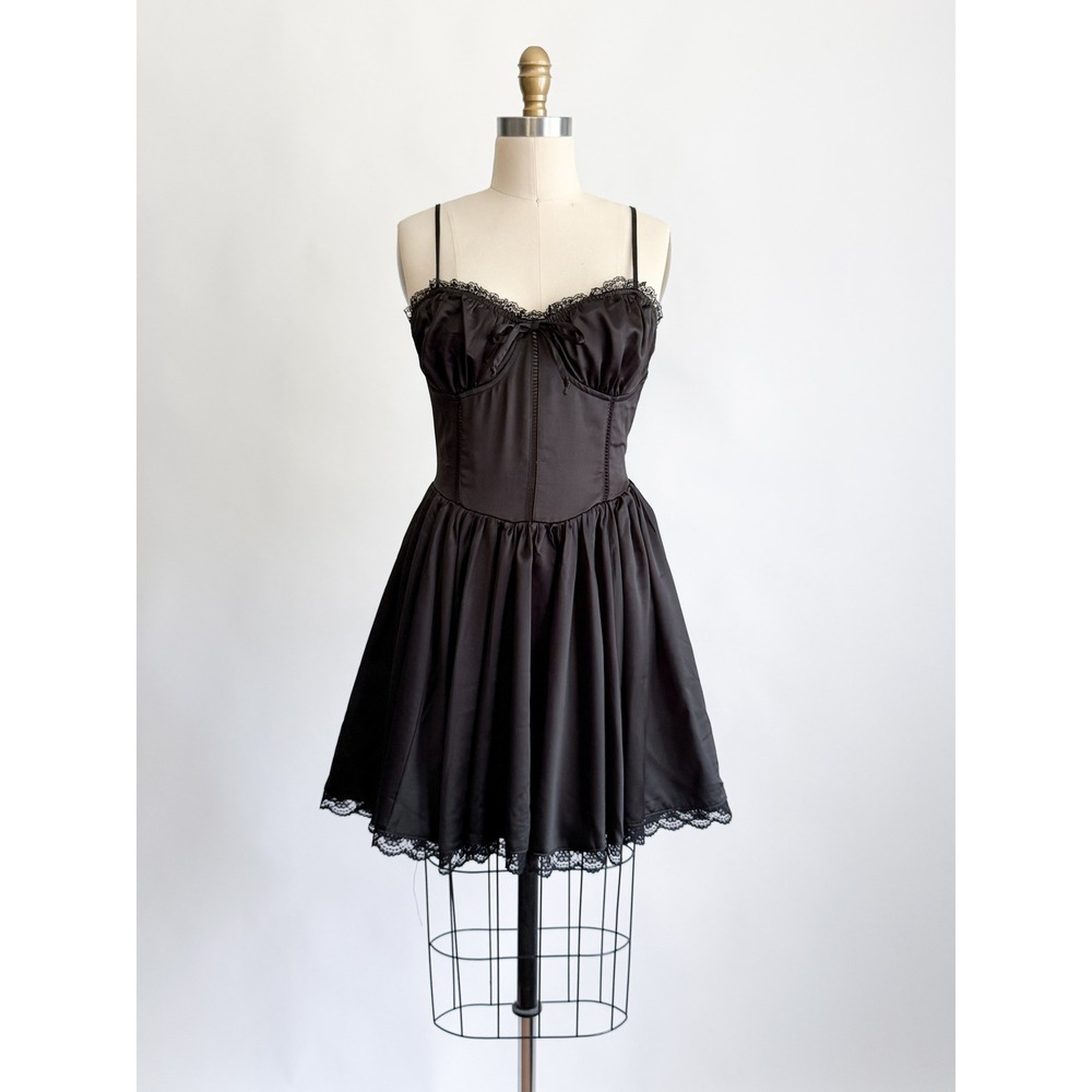 Thirty Thirty LA Corset Mini Dress Coquette Lace Up‎ Satin M Black Ruched Bust